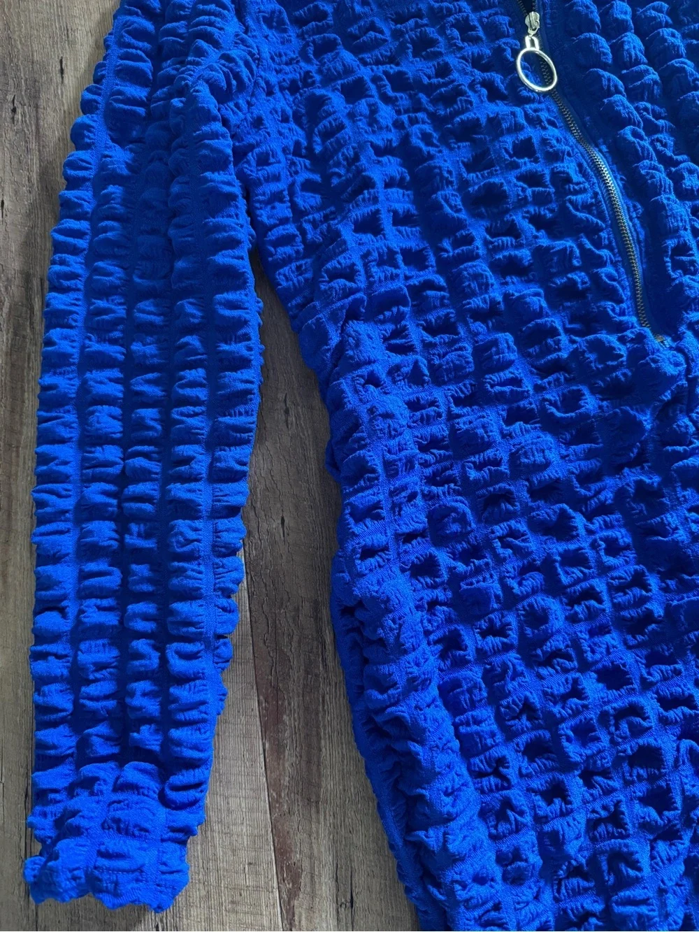 Textured Zip-Front Royal Blue Romper Jumpsuit - Picture 6 of 8